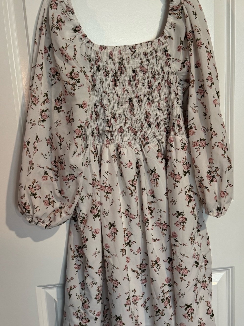 ROMWE Cream Smocked Dress with Pink Floral Print
